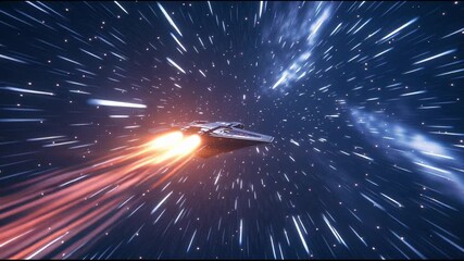 Sleek spaceship gliding through star studded cosmic landscape, generating luminous light and fire trail while revealing mesmerizing interstellar journey dynamics