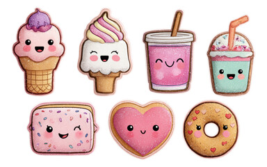Cute and Colorful Cartoon Desserts with Happy Faces on Transparent Background
