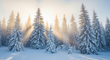 Naklejka premium Snow Covered Pine Trees in Winter Forest Sunlight Soft Natural Lighting