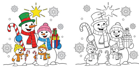Happy Snowman Family with Star, Gifts, Candy Canes, and Snowflakes - Festive Winter Holiday Cartoon Illustration