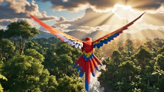 Colorful parrot flying over tropical rainforest at sunrise
