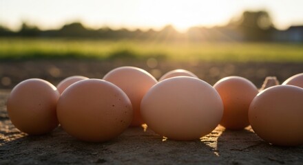 Fresh eggs on the ground at sunset