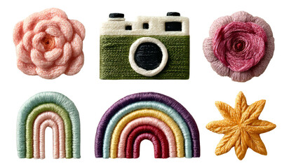 Colorful Embroidered Icons Featuring Flowers, Camera, Rainbow, and Star Designs