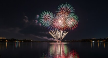 Fireworks burst over a lake at night, brilliantly colored explosions reflecting on the water's surface