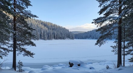 Frozen lake nestled in a snowy forest