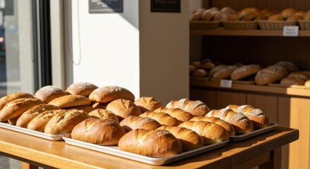 Freshly baked loaves displayed on trays in a bakery. Sunlight streams in through a window, illuminating the golden-brown bread