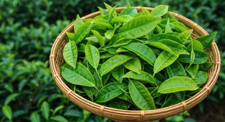 Fresh tea leaves in a woven basket
