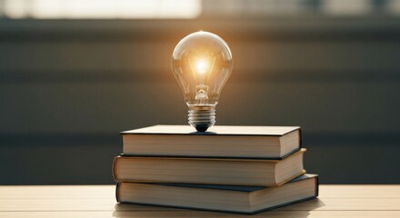 Glowing light bulb atop books
