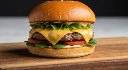 Gourmet burger on a wooden board