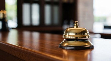 Golden service bell on a wooden counter. Blurred background