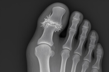 Medical X-ray image showing a gout-affected big toe joint with visible uric acid crystal deposits, illustrating inflammation, joint pain, and bone damage caused by high uric acid levels.