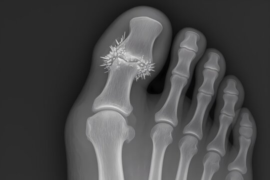 Medical X-ray image showing a gout-affected big toe joint with visible uric acid crystal deposits, illustrating inflammation, joint pain, and bone damage caused by high uric acid levels.