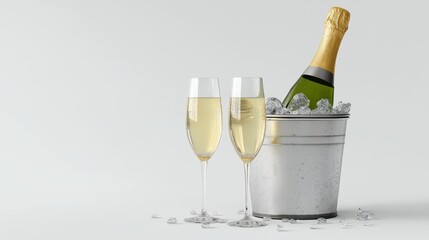 A bottle of champagne in an ice bucket, accompanied by two elegant flutes, creating a celebratory atmosphere.