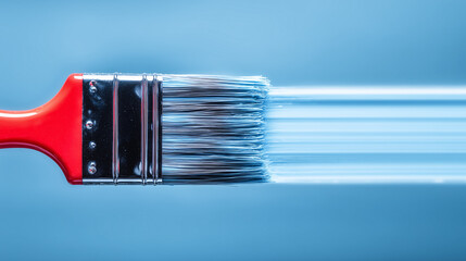 Paint brush with red handle creating blue stroke on light background. Home renovation concept, painting tool, decorating equipment, creative art supply, DIY project, interior design, color application