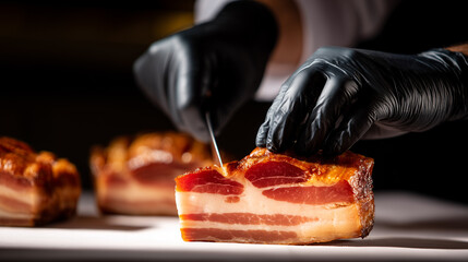 Professional butcher in black rubber gloves carefully slices thick cured bacon with sharp knife. Expert meat preparation technique in commercial kitchen for gourmet cooking and restaurant service.