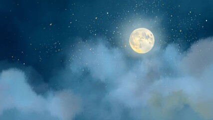 Digitally created nighttime scene features a large moon stars and fluffy clouds - Powered by Adobe