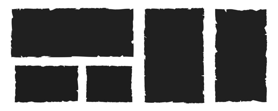  Set of black ripped paper shapes with jagged edges. Grunge rectangle frames and torn silhouettes for collage, sticker, label, banner, scrapbooking and vector textured design
