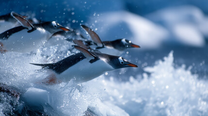 Gentoo penguins leaping from snowy rocks into the Antarctic sea, waves crashing around them, perfect moment of movement and freedom in the wild polar landscape antarctica, gentoo p