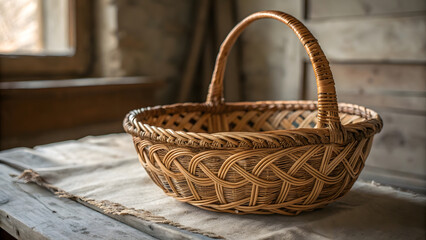 Obraz premium A vintage handcrafted wicker basket with an intricate, tightly woven natural rattan or willow pattern, showcasing the artisan’s skill through subtle variations in weave texturea
