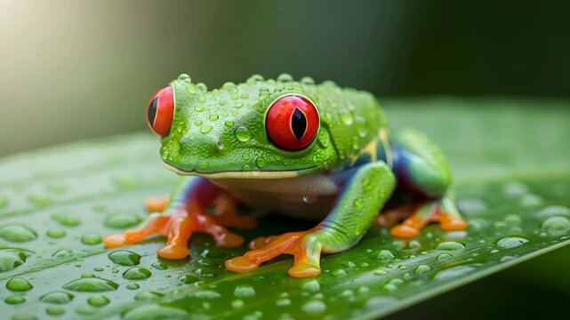 Vibrant red-eyed tree frog glistening with rain drops, perched motionlessly on a leaf in its natural habitat in the rainforest
