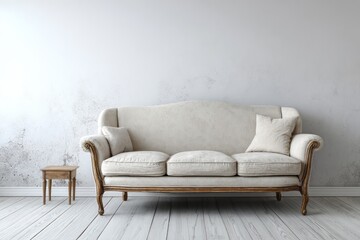 Fototapeta premium A neutral-colored upholstered sofa sits beside a small wooden table in a room.