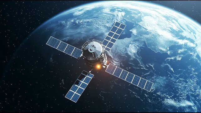 Satellite with solar panels orbiting planet Earth