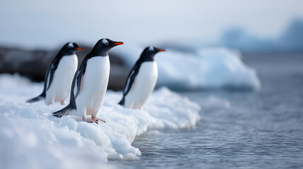 Fototapeta premium Gentoo penguins standing on the icy Antarctic shore surrounded by snow, icebergs, and the vast Southern Ocean. Gentoo penguins, Antarctica, wild nature, polar wildlife, icy landsca
