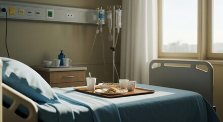 Hospital room with tray of food on a bed. Sunlight streams through a window