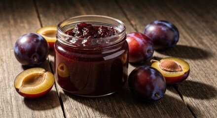 Homemade plum jam in a glass jar, surrounded by fresh plums on a rustic wooden table
