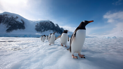 Obraz premium Group of gentoo penguins walking across the Antarctic ice field with majestic glaciers and blue sky in the background. Antarctic wildlife, gentoo penguin colony, frozen continent,