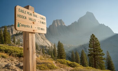 Hiking trail sign points to Eagle Peak and Hidden Valley in a mountain landscape