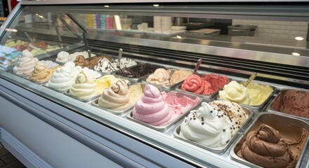 Ice cream display case. Variety of flavors