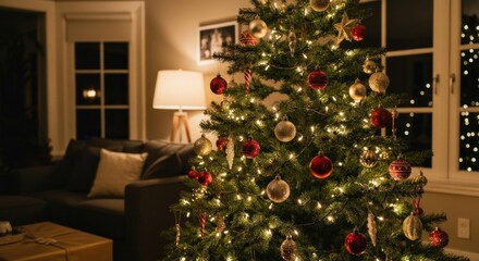 Illuminated Christmas tree in a cozy living room