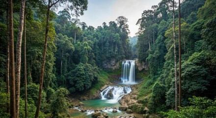 Lush waterfall cascading down rocky terrain in dense forest