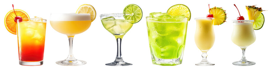 Colorful cocktails with fruit garnishes