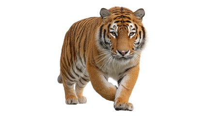 Obraz premium Majestic Tiger Stroll: A powerful tiger confidently strides forward, its vibrant orange and black stripes radiating strength. The animal showcases the splendor of nature's design.