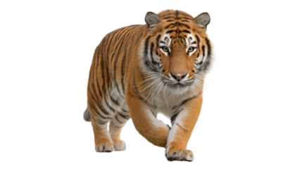 Majestic Tiger Stroll: A powerful tiger confidently strides forward, its vibrant orange and black stripes radiating strength. The animal showcases the splendor of nature's design.