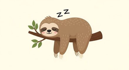 Obraz premium Cute Sleeping Sloth Hanging on Tree Branch in Cartoon Style