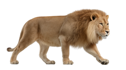 Majestic Lion in Profile: A powerful lion strides with confidence, his regal presence commanding attention. His magnificent mane and intense gaze showcase the essence of the king of the jungle.