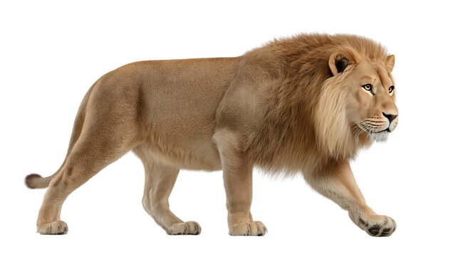 Majestic Lion in Profile: A powerful lion strides with confidence, his regal presence commanding attention. His magnificent mane and intense gaze showcase the essence of the king of the jungle.