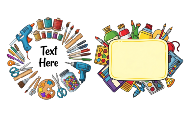 Creative art supplies arranged in circular and rectangular frames for craft projects isolated on transparent background