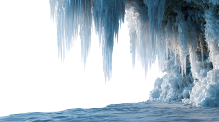 Frosty Elegance: The photo showcases a mesmerizing display of icicles, frozen in time and hanging from a cliff face, their crystalline structures capturing the light, creating a winter wonderland. 