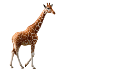 Majestic Giraffe in motion: a tall giraffe strides confidently, showcasing its distinctive pattern, in a simple yet compelling visual.