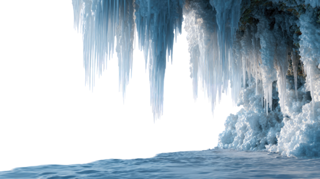 Frosty Elegance: The photo showcases a mesmerizing display of icicles, frozen in time and hanging from a cliff face, their crystalline structures capturing the light, creating a winter wonderland. 