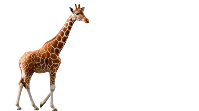 Majestic Giraffe in motion: a tall giraffe strides confidently, showcasing its distinctive pattern, in a simple yet compelling visual.