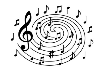 Dynamic musical composition with swirling staff lines and scattered notes surrounding a large treble clef symbol