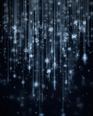 Data particles flow downwards, digital snowstorm, lines of code transform into snowflakes, dark background, elegant tech aesthetic. tech Christmas, digital winter, cyber snowfall, fintech abstraction.