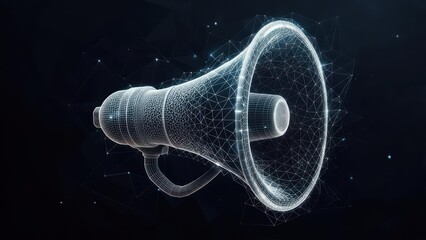 Abstract megaphone, digitally rendered with a wireframe, polygon mesh and connecting points, on dark background