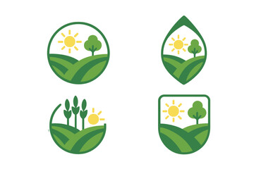 Set of four organic farm and nature landscape emblems with sun, green fields, and healthy trees