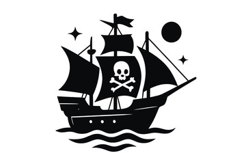 Classic sailing ship silhouette featuring a prominent Jolly Roger flag on the main sail at night